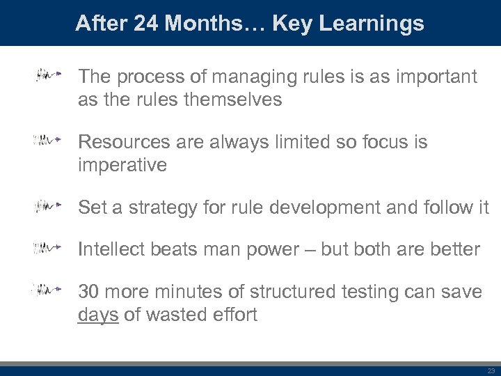 After 24 Months… Key Learnings The process of managing rules is as important as