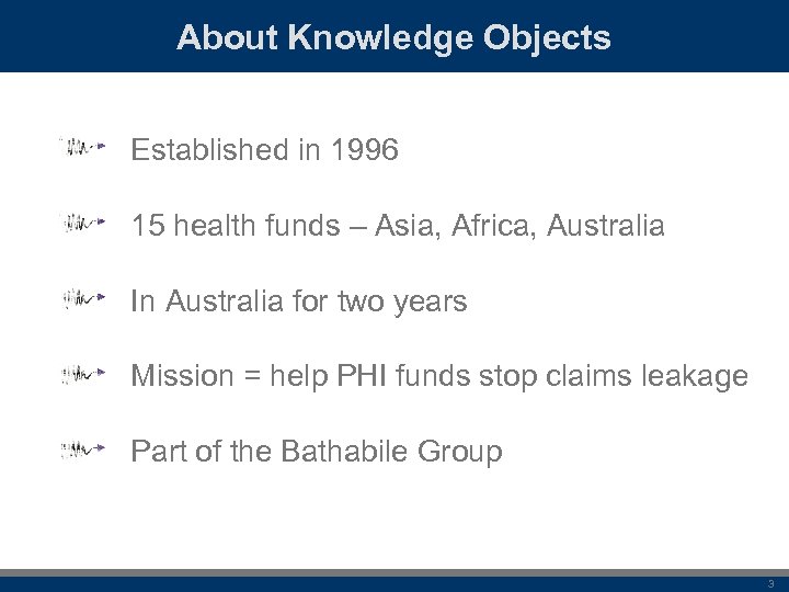 About Knowledge Objects Established in 1996 15 health funds – Asia, Africa, Australia In