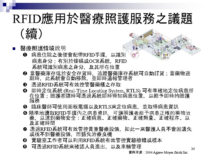 RFID應用於醫療照護服務之議題 （續） n 醫療照護情境說明 病患住院之後便會配帶RFID手環，以識別 病患身分；有別於條碼或OCR系統，RFID 系統可識別病患之身分，及其所在位置 當醫藥庫存低於安全存貨時，追蹤醫藥庫存系統可自動訂貨；當藥物過 期時，此系統會自動移除，並即時通報管理者 透過RFID系統可有效控管醫藥櫃之存取 即時定位系統 (Real-Time Locating System,
