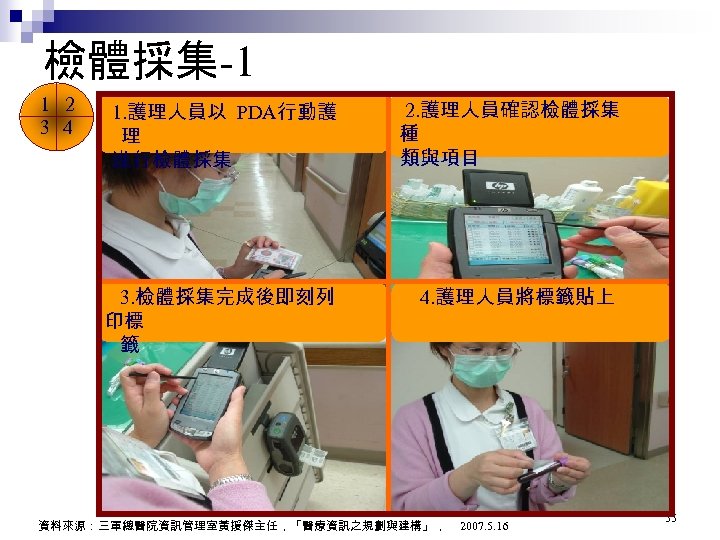 檢體採集-1 1 2 1. 護理人員以 PDA行動護 2. 護理人員確認檢體採集 3 4 種 理 類與項目 進行檢體採集