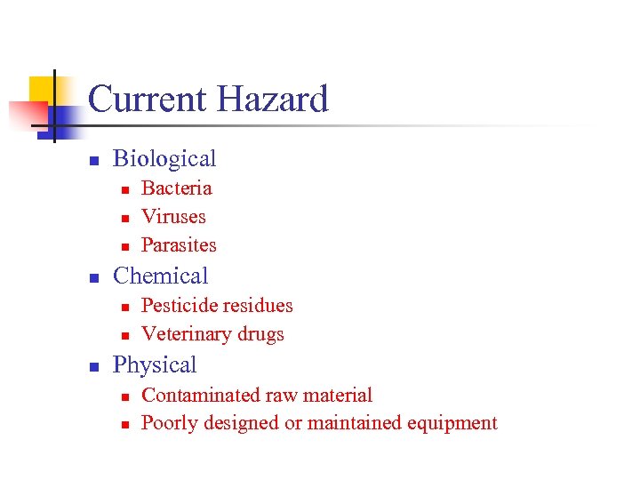 Current Hazard n Biological n n Chemical n n n Bacteria Viruses Parasites Pesticide