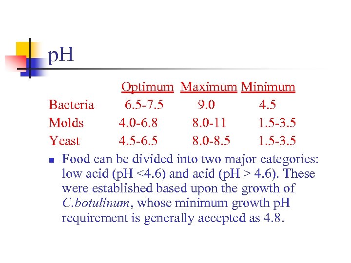 p. H Optimum Maximum Minimum Bacteria 6. 5 -7. 5 9. 0 4. 5