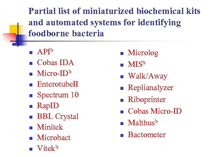 Partial list of miniaturized biochemical kits and automated systems for identifying foodborne bacteria n