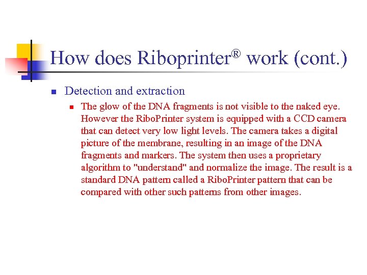 How does Riboprinter® work (cont. ) n Detection and extraction n The glow of