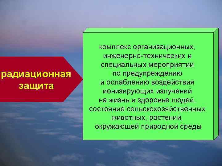 радиационная защита комплекс организационных, инженерно-технических и специальных мероприятий по предупреждению и ослаблению воздействия ионизирующих