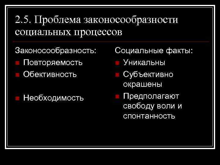 2. 5. Проблема законосообразности социальных процессов Законосообразность: n Повторяемость n Обективность n Необходимость Социальные