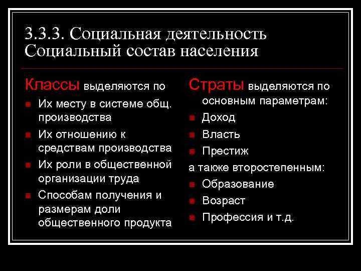 3. 3. 3. Социальная деятельность Социальный состав населения Классы выделяются по n n Их