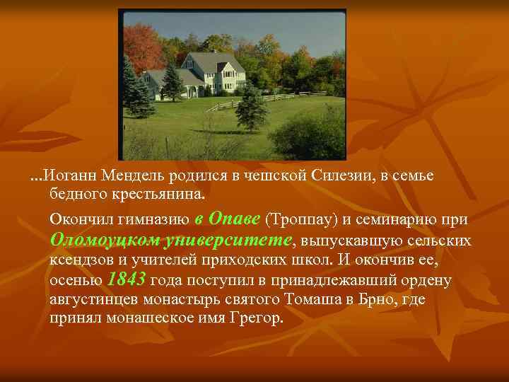 . . . Иоганн Мендель родился в чешской Силезии, в семье бедного крестьянина. Окончил