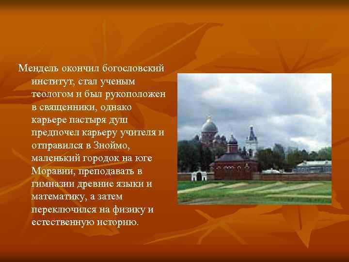 Мендель окончил богословский институт, стал ученым теологом и был рукоположен в священники, однако карьере