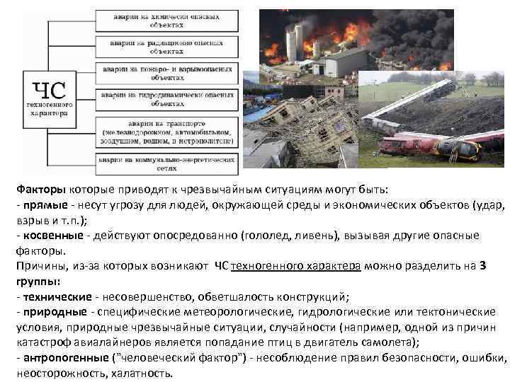 Факторы которые приводят к чрезвычайным ситуациям могут быть: - прямые - несут угрозу для