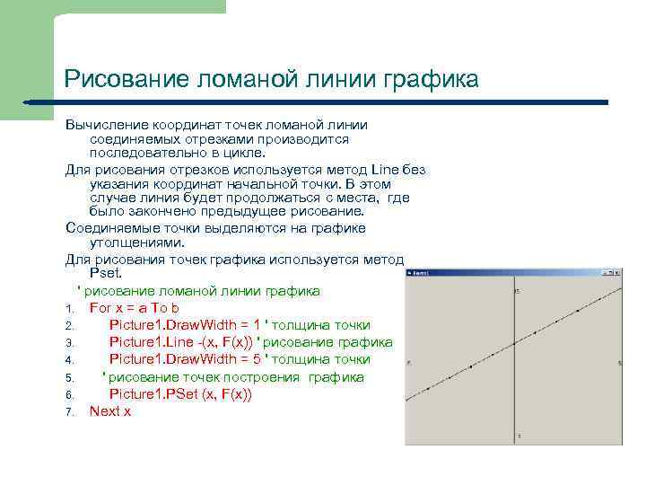Рисование ломаной линии графика Вычисление координат точек ломаной линии соединяемых отрезками производится последовательно в