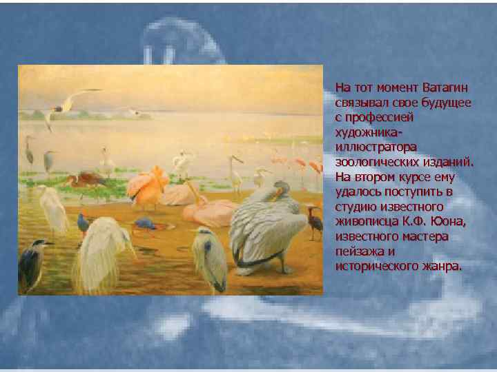 На тот момент Ватагин связывал свое будущее с профессией художникаиллюстратора зоологических изданий. На втором