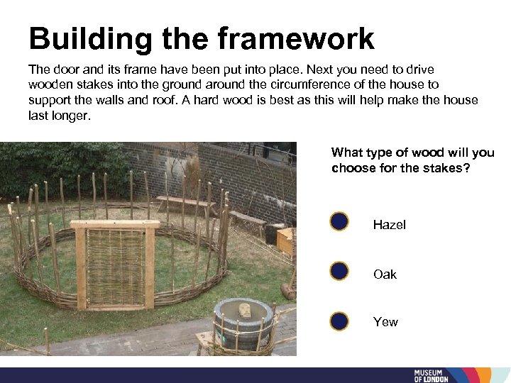 Building the framework The door and its frame have been put into place. Next