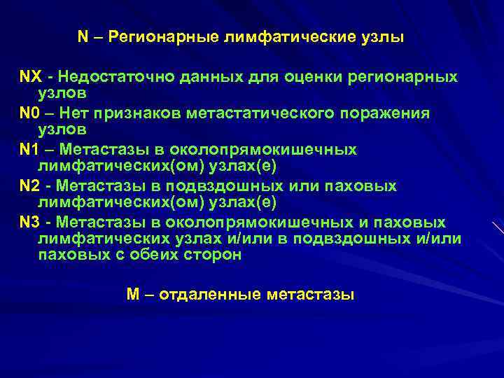 N – Регионарные лимфатические узлы NХ Недостаточно данных для оценки регионарных узлов N 0