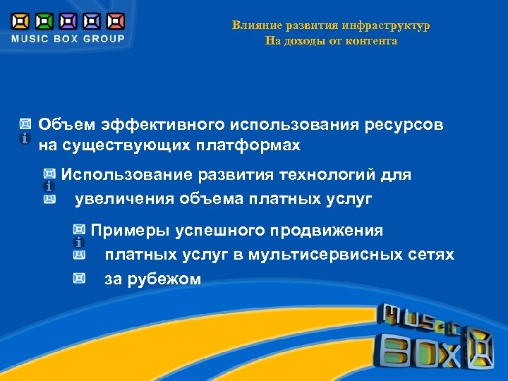 Влияние развития инфраструктур На доходы от контента Объем эффективного использования ресурсов на существующих платформах