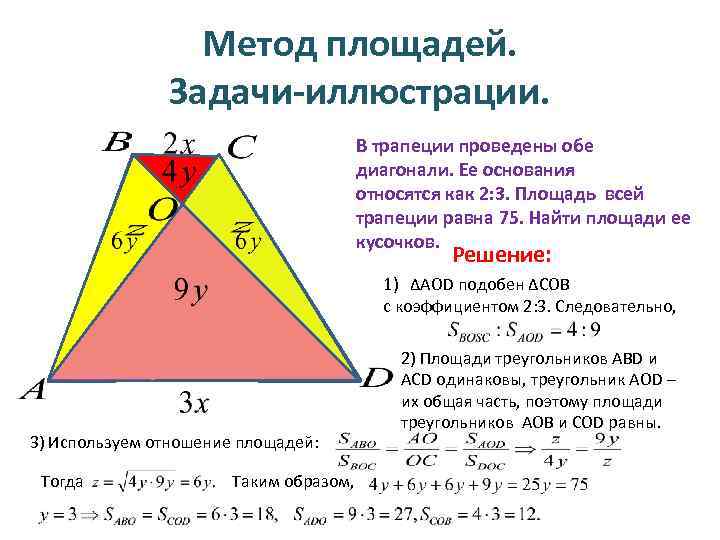 Метод площадей. Задачи-иллюстрации. В трапеции проведены обе диагонали. Ее основания относятся как 2: 3.