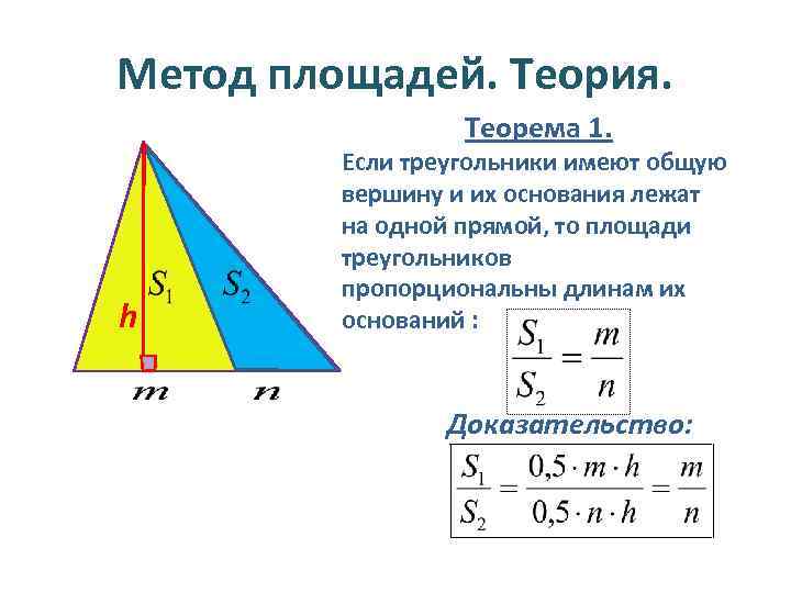 Метод площадей. Теория. Теорема 1. h Если треугольники имеют общую вершину и их основания