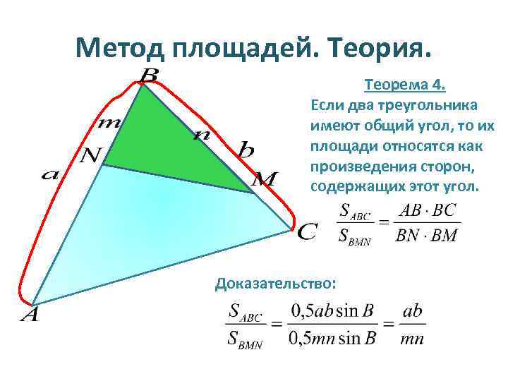 Метод площадей. Теория. Теорема 4. Если два треугольника имеют общий угол, то их площади