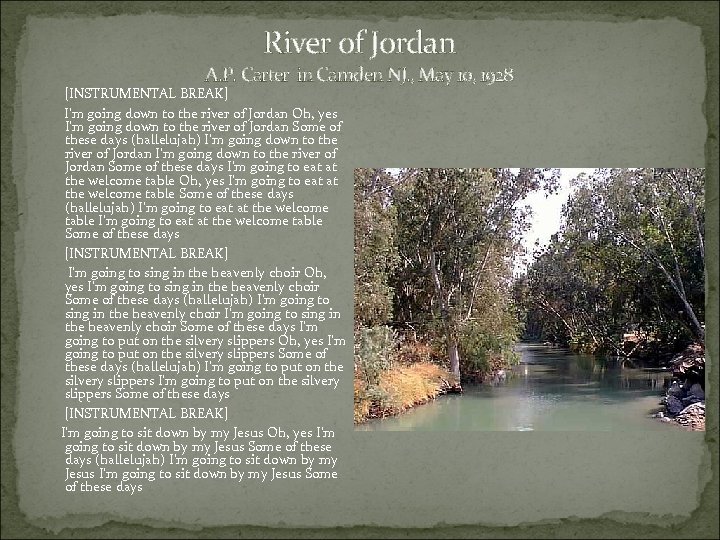 River of Jordan A. P. Carter in Camden NJ. , May 10, 1928 [INSTRUMENTAL