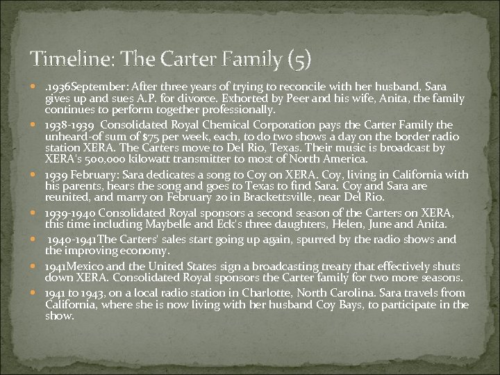 Timeline: The Carter Family (5) . 1936 September: After three years of trying to