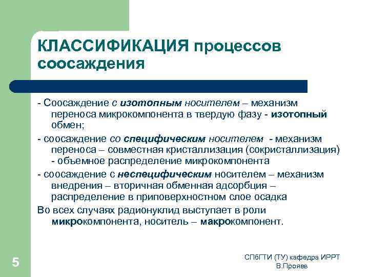 КЛАССИФИКАЦИЯ процессов соосаждения - Соосаждение с изотопным носителем – механизм переноса микрокомпонента в твердую