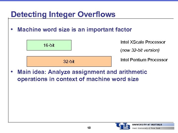 Detecting Integer Overflows • Machine word size is an important factor Intel XScale Processor