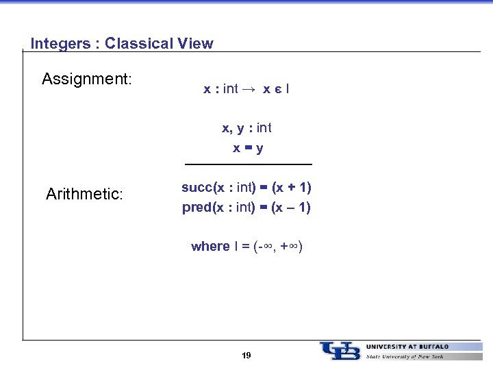 Integers : Classical View Assignment: x : int → x є I x, y