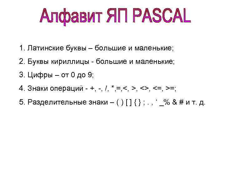 1. Латинские буквы – большие и маленькие; 2. Буквы кириллицы - большие и маленькие;
