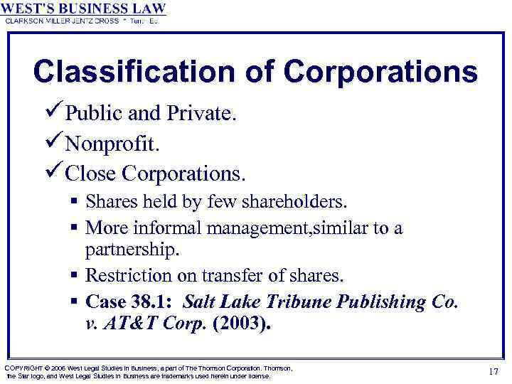 Classification of Corporations üPublic and Private. üNonprofit. üClose Corporations. § Shares held by few