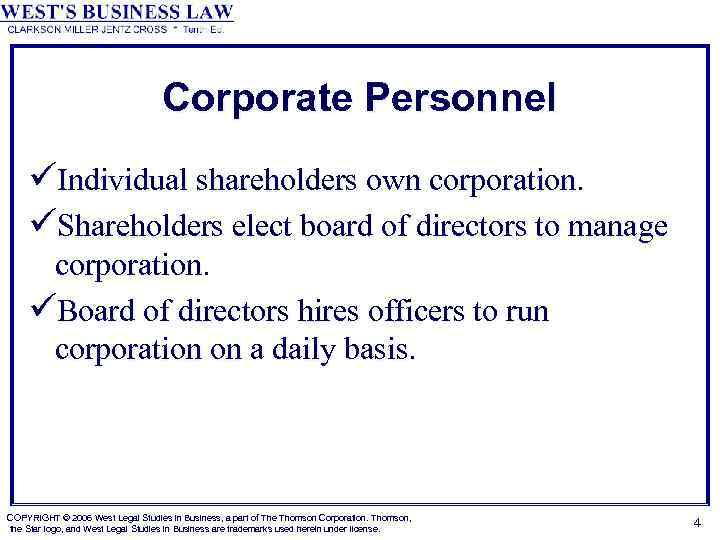 Corporate Personnel üIndividual shareholders own corporation. üShareholders elect board of directors to manage corporation.