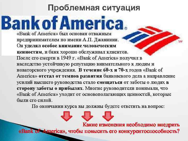 Проблемная ситуация «Bank of America» был основан отважным предпринимателем по имени А. П. Джаннини.