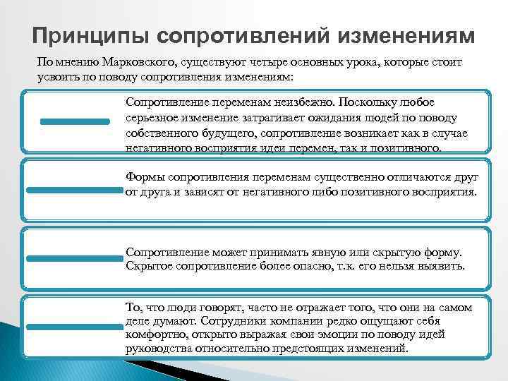 Принципы сопротивлений изменениям По мнению Марковского, существуют четыре основных урока, которые стоит усвоить по