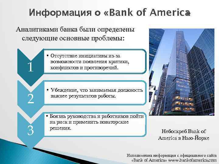 Информация о «Bank of America » Аналитиками банка были определены следующие основные проблемы: 1