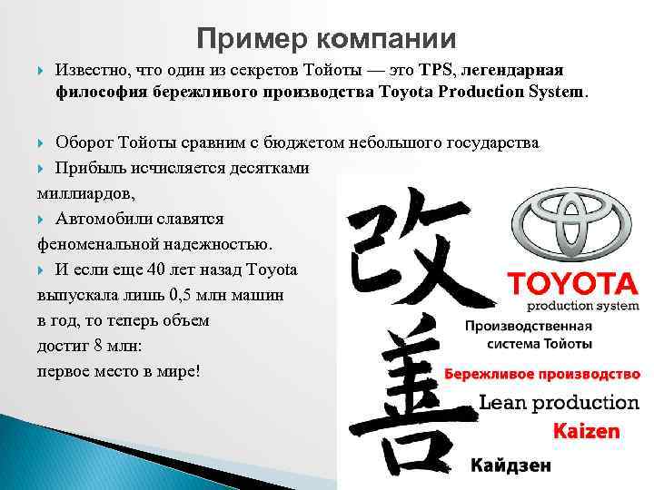 Пример компании Известно, что один из секретов Тойоты — это TPS, легендарная философия бережливого