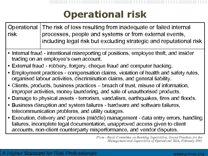 Operational risk Operational The risk of loss resulting from inadequate or failed internal risk