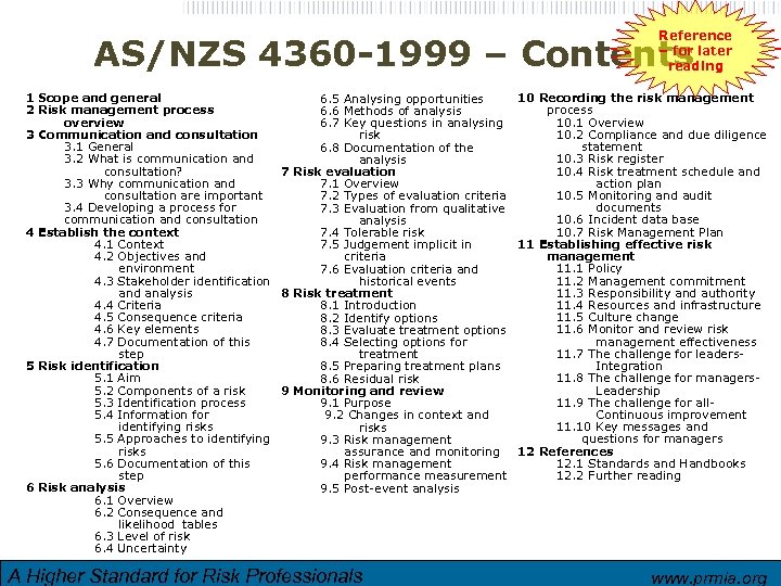 Reference – for later reading AS/NZS 4360 -1999 – Contents 1 Scope and general
