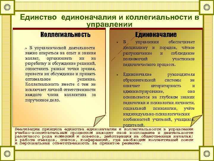 Единство единоначалия и коллегиальности в управлении Единоначалие Коллегиальность В управленческой деятельности важно опереться на