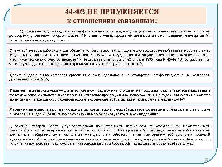 44 -ФЗ НЕ ПРИМЕНЯЕТСЯ к отношениям связанным: 1) оказанием услуг международными финансовыми организациями, созданными