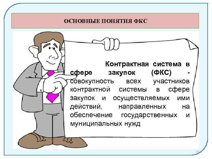 ОСНОВНЫЕ ПОНЯТИЯ ФКС Контрактная система в сфере закупок (ФКС) совокупность всех участников контрактной системы