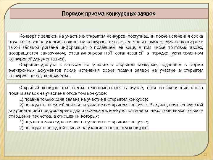 Порядок приема конкурсных заявок Конверт с заявкой на участие в открытом конкурсе, поступивший после