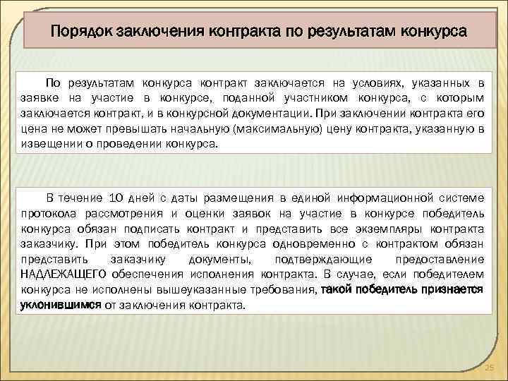 Порядок заключения контракта по результатам конкурса По результатам конкурса контракт заключается на условиях, указанных