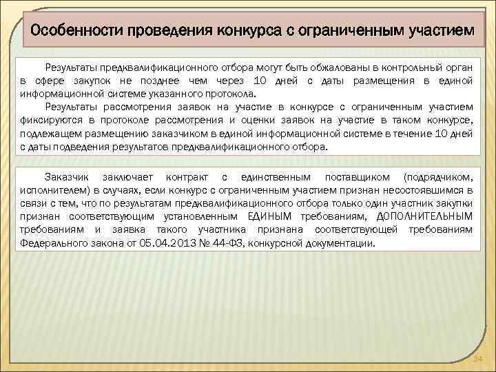 Особенности проведения конкурса с ограниченным участием Результаты предквалификационного отбора могут быть обжалованы в контрольный