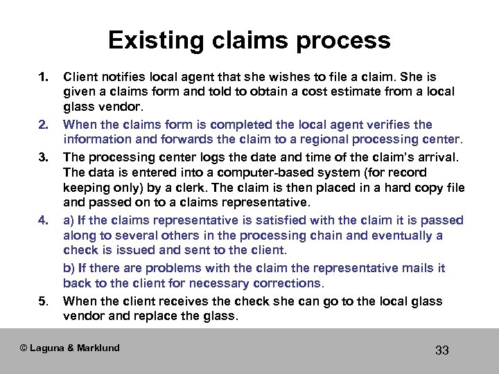 Existing claims process 1. 2. 3. 4. 5. Client notifies local agent that she