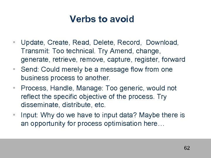 Verbs to avoid • Update, Create, Read, Delete, Record, Download, Transmit: Too technical. Try