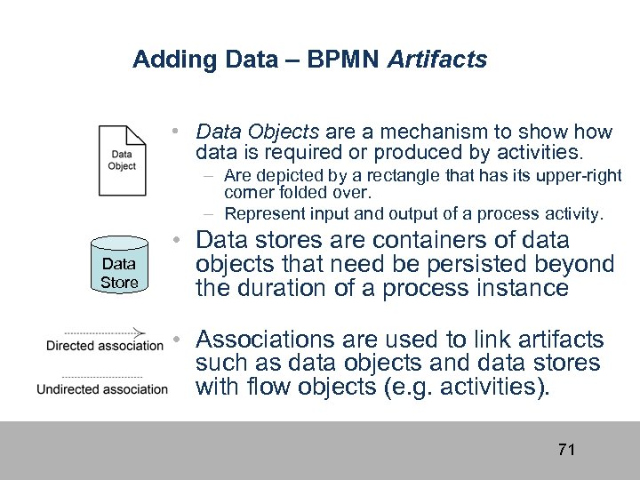 Adding Data – BPMN Artifacts • Data Objects are a mechanism to show data