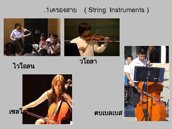 . 1เครองสาย ไวโอลน เชลโล ( String Instruments ) วโอลา ดบเบลเบส 