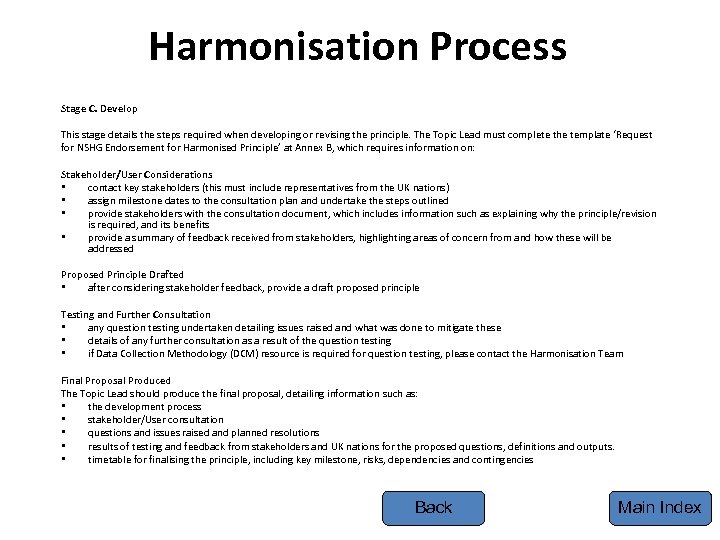 Harmonisation Process Stage C. Develop This stage details the steps required when developing or