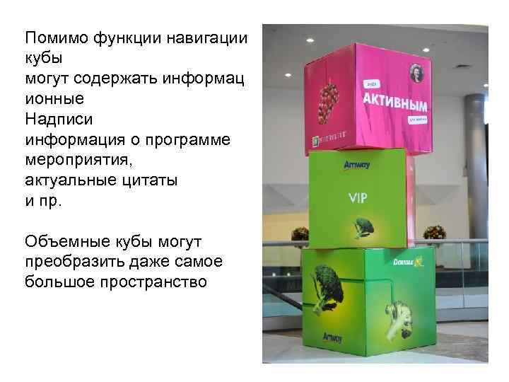 Помимо функции навигации кубы могут содержать информац ионные Надписи информация о программе мероприятия, актуальные