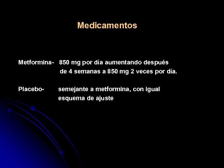 Medicamentos Metformina- 850 mg por día aumentando después de 4 semanas a 850 mg