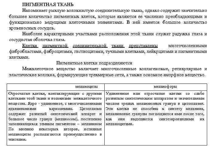 ПИГМЕНТНАЯ ТКАНЬ Напоминает рыхлую волокнистую соединительную ткань, однако содержит значительно большее количество пигментных клеток,